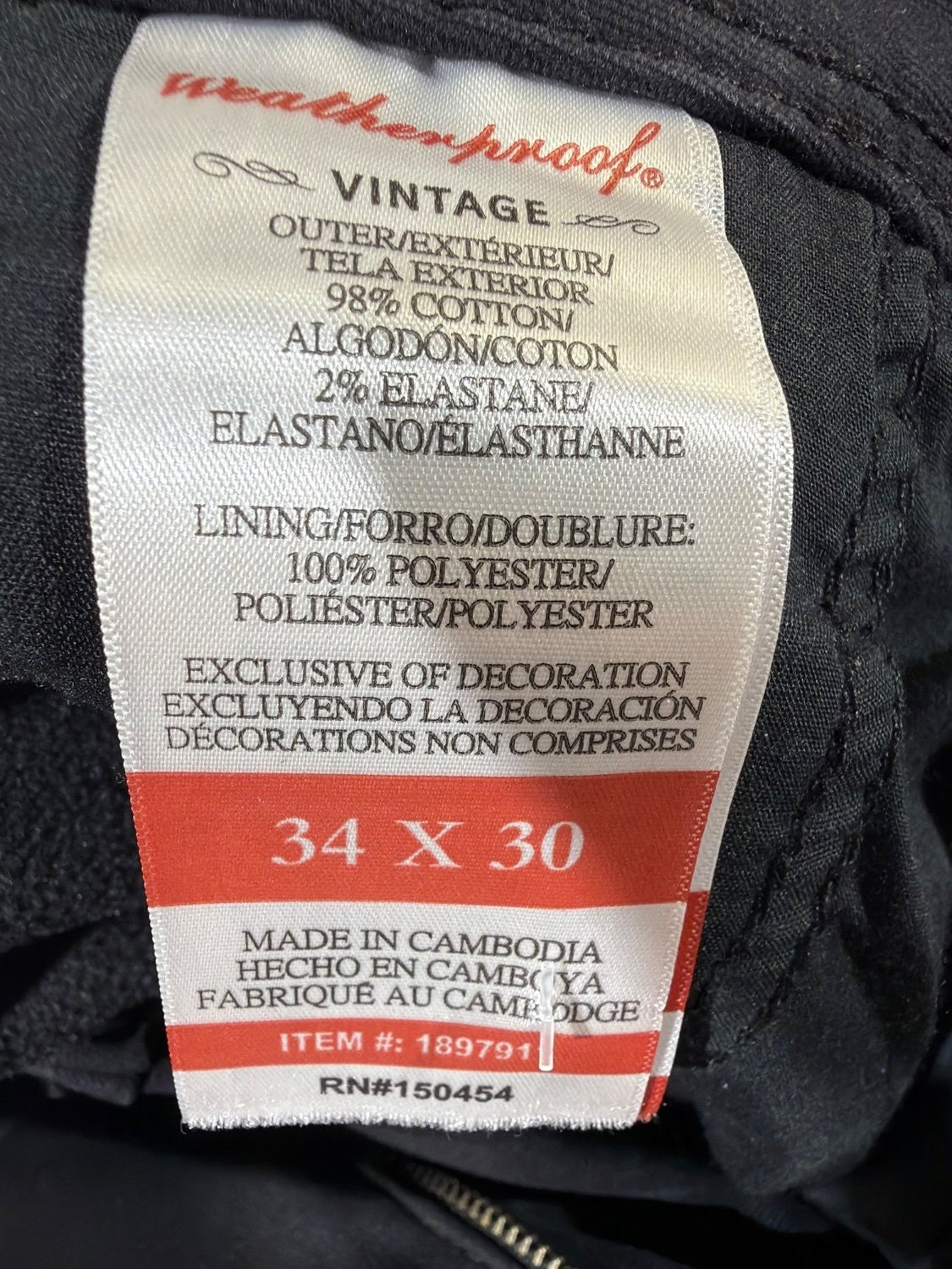 Weatherproof Vintage Men's 34x30 Black Canvas Utility Carpenter Work Pants Lined