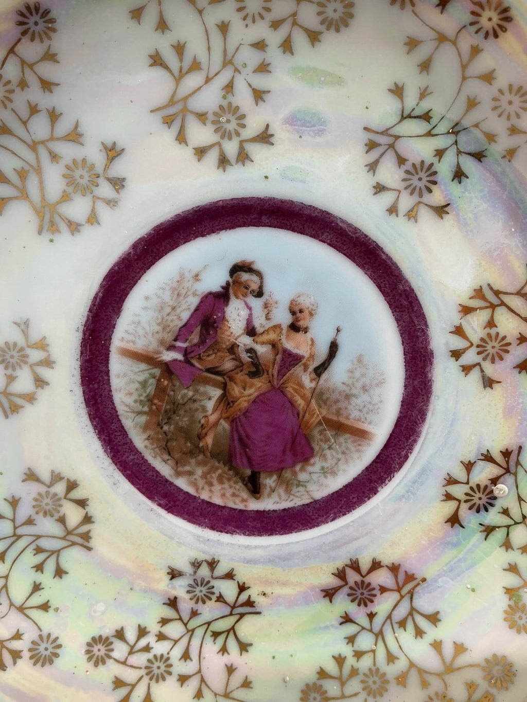 Saucer Small Multicolor Porcelain Iridescent Lustreware Finish Courting Couple