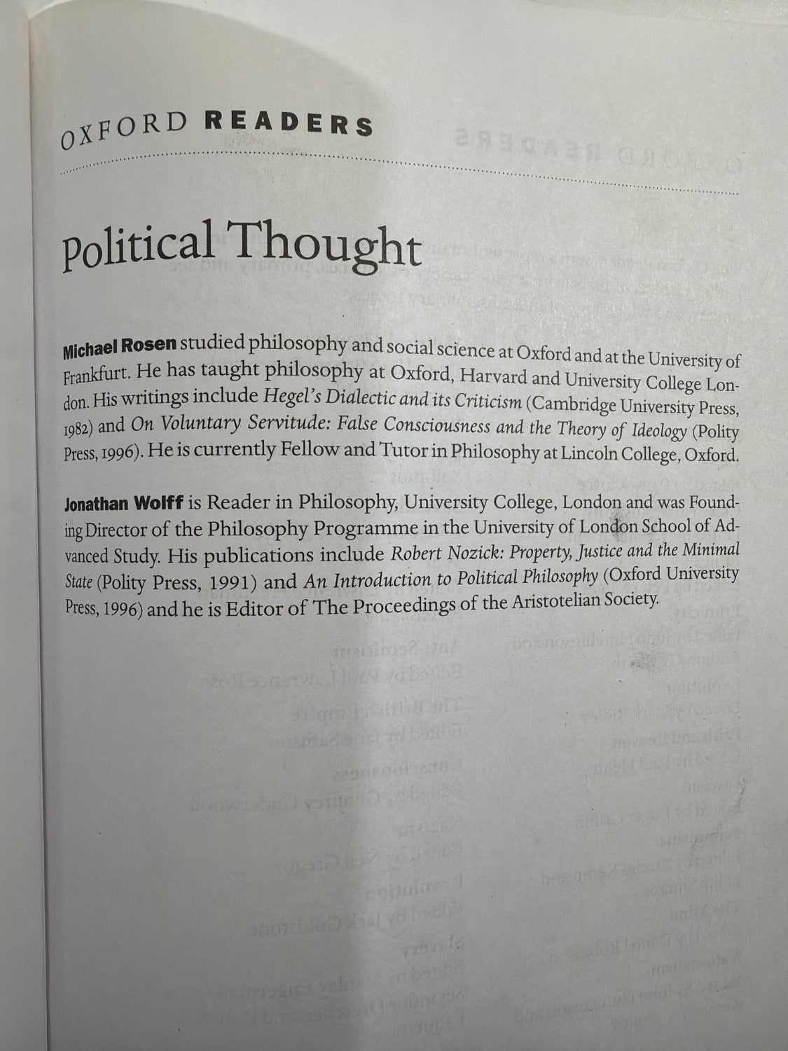 Vintage Political Thought Oxford Readers Michael Rosen Jonathan Wolff Paperback