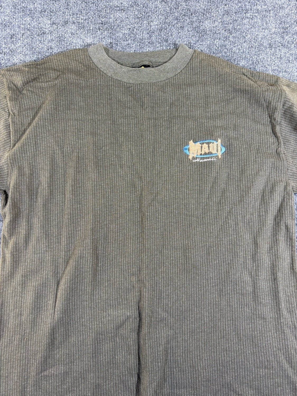 Vintage Maui Hawaii H.L. Miller Gold Waffle Knit T-Shirt Men L Olive Green USA