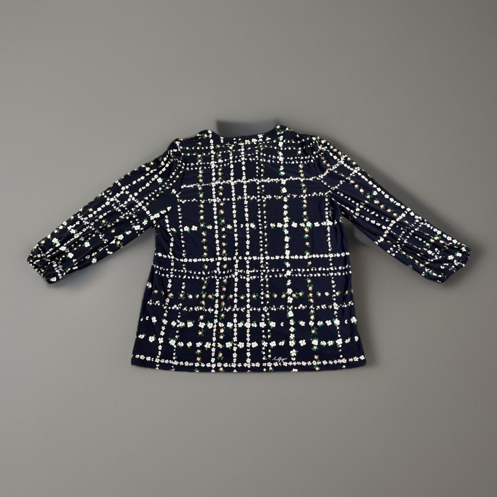Tommy Hilfiger blouse features a dark blue base with a white plaid pattern