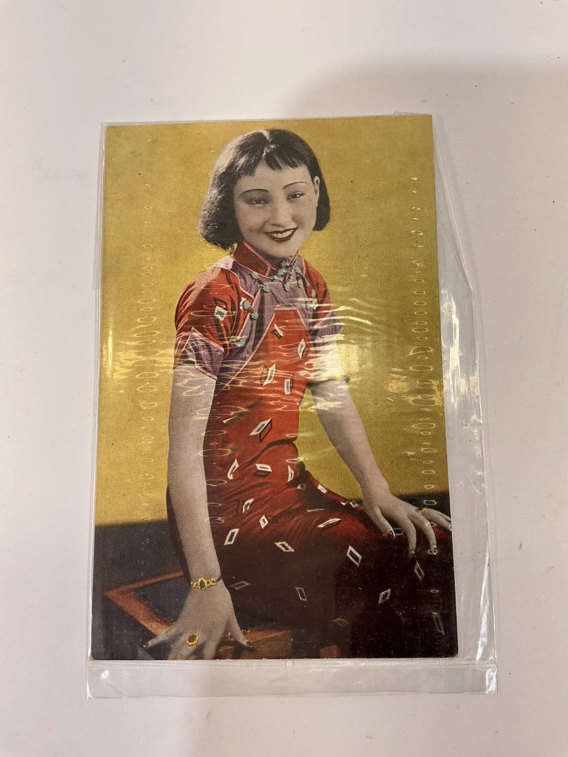 Matsumura Co. Chinese Woman in Cheongsam Printed (Lithograph) Gold Cardstock New