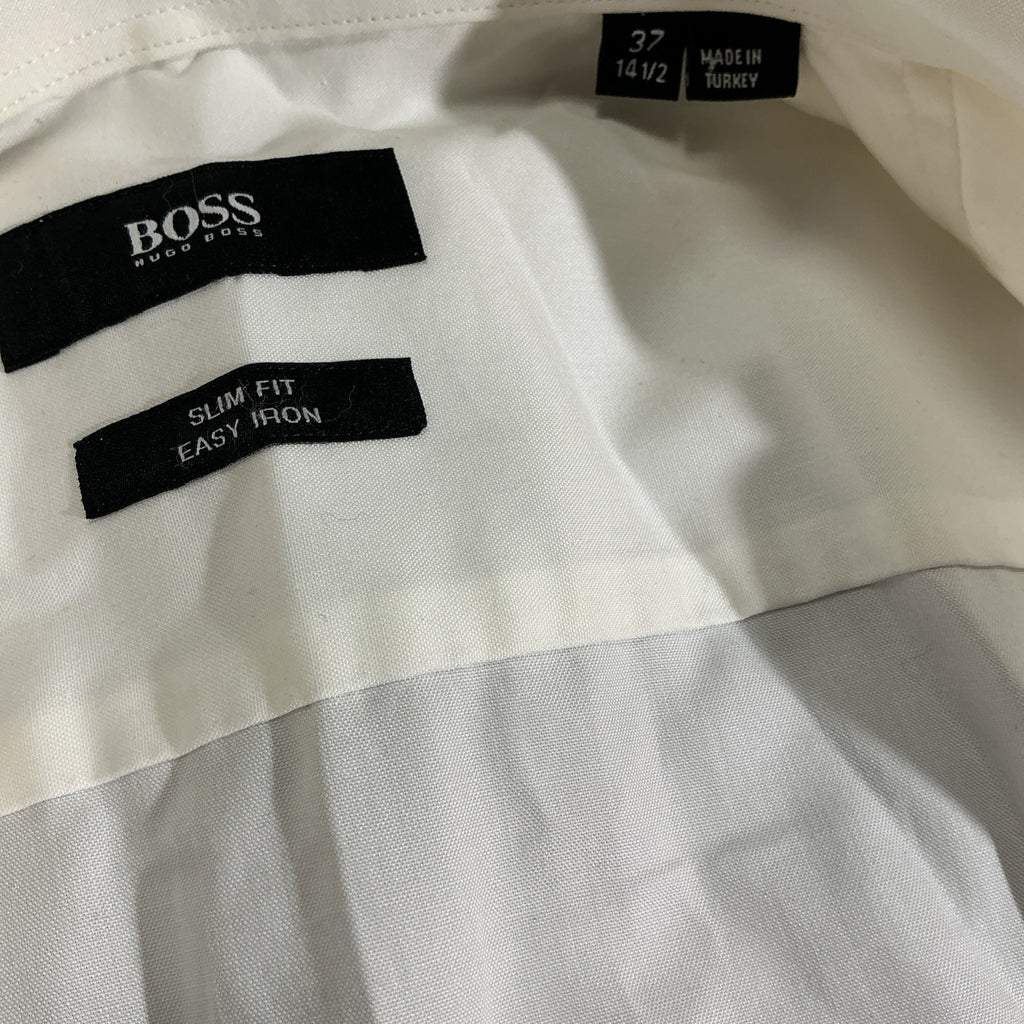 Hugo Boss Slim Fit White Cotton Dress Shirt 37 Spread Collar Easy Iron Designer