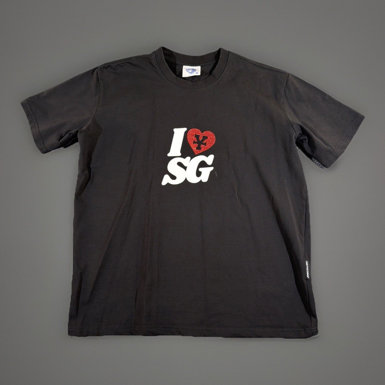 I Love SG" t-shirt featuring a red rhinestone heart with a black symbol inside