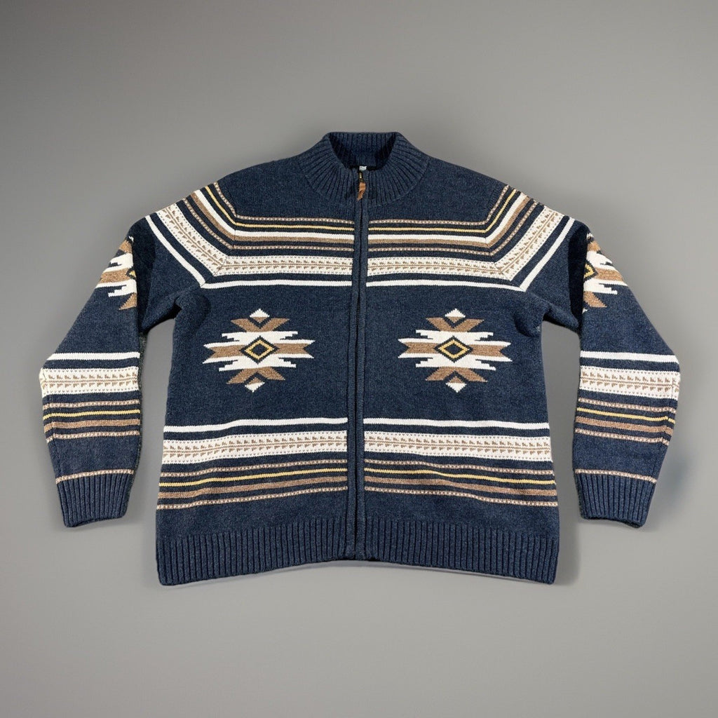 Frye Men Mock Neck Full Zip Knit Cardigan Sweater Blue XL Aztec Tribal Print NWT
