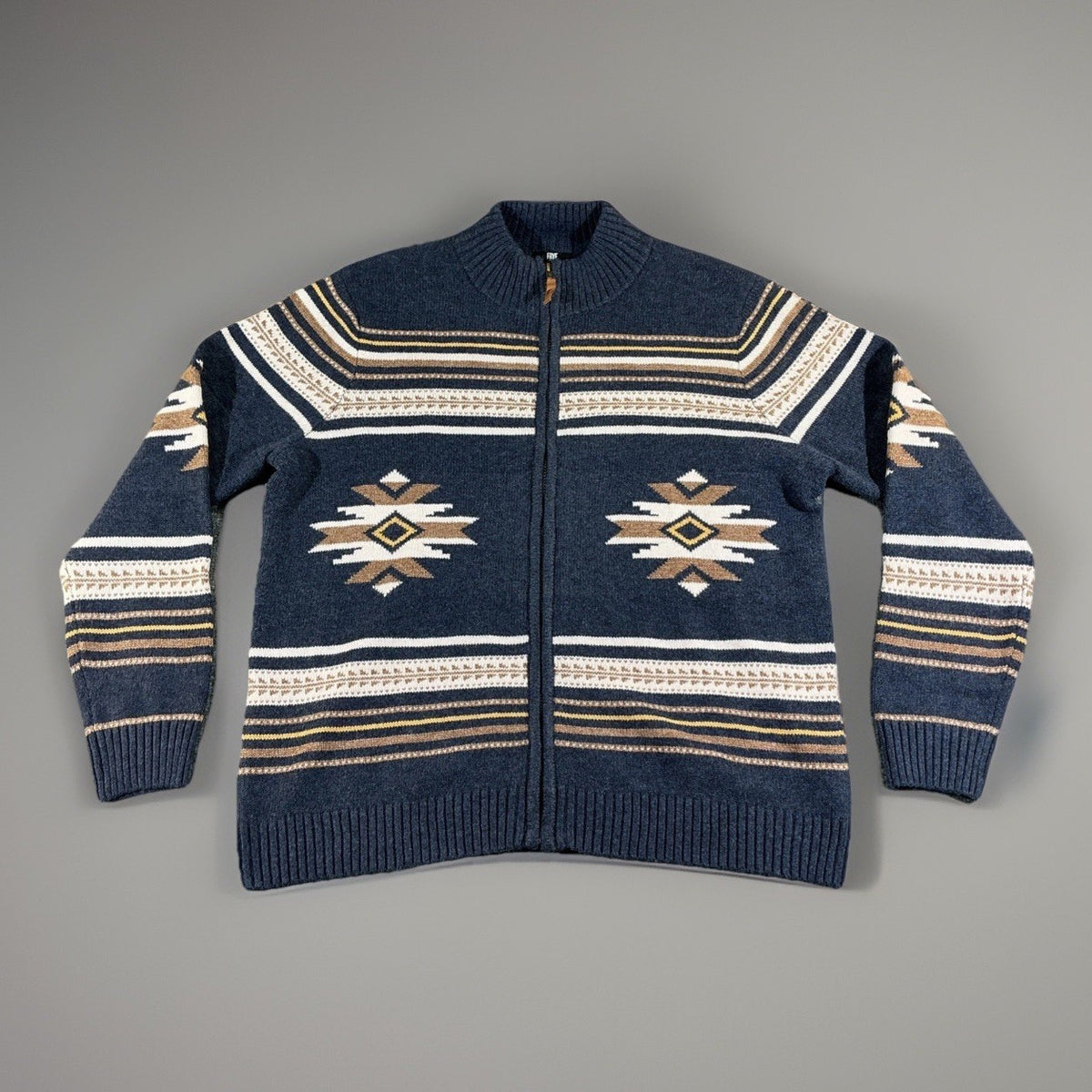 Frye Men Mock Neck Full Zip Knit Cardigan Sweater Blue XL Aztec Tribal Print NWT