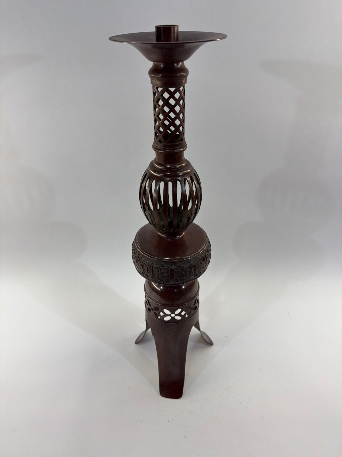 Vintage Japanese Bronze Pricket Candlestick Meiji Style Openwork Tripod Base