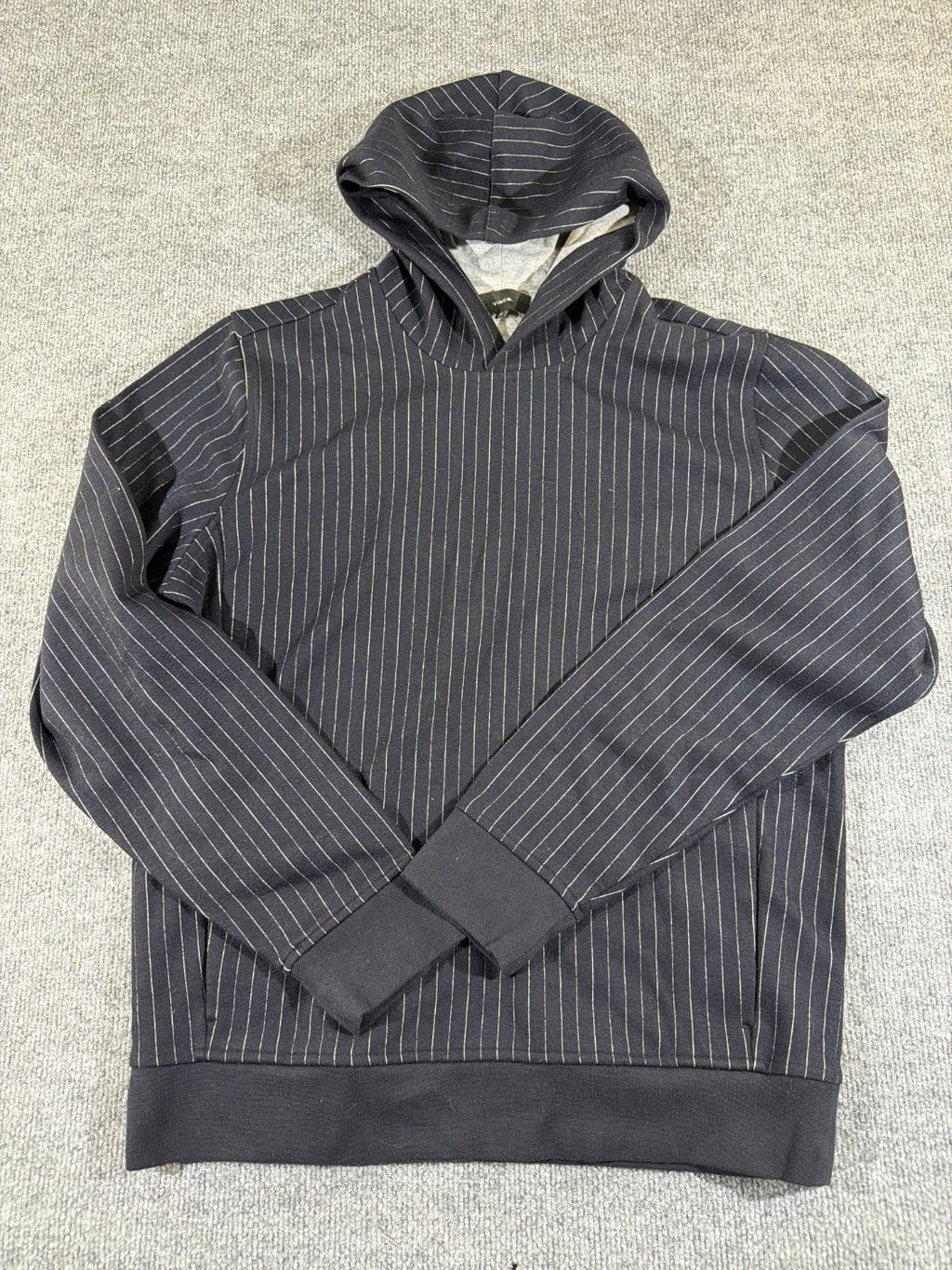 Vince Men's Pinstripe Pullover Hoodie Cotton Wool Blend Navy Blue Gray Size M