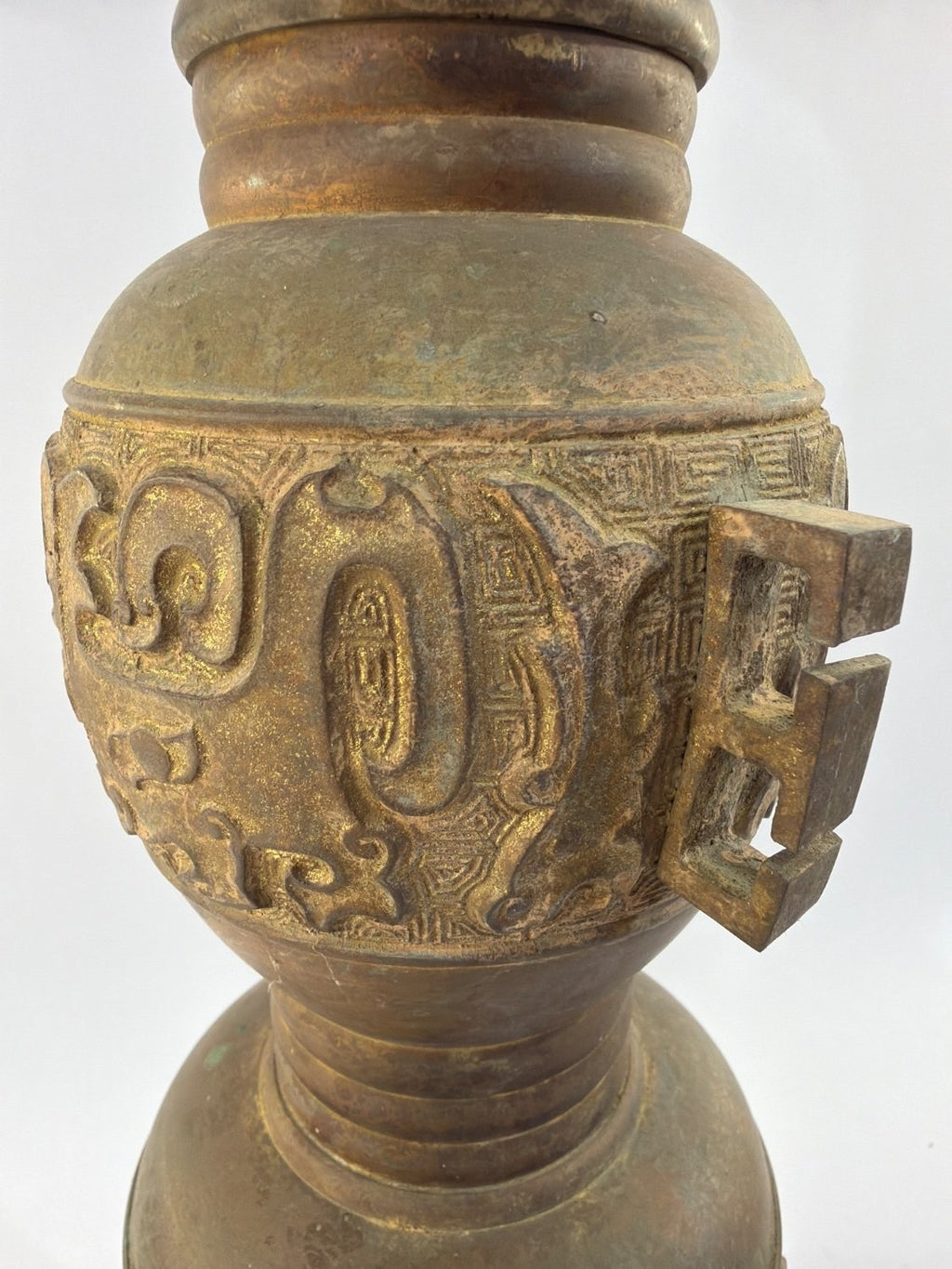 Vintage Chinese Bronze Pricket Candlestick Holder Archaic Taotie Mask Openwork