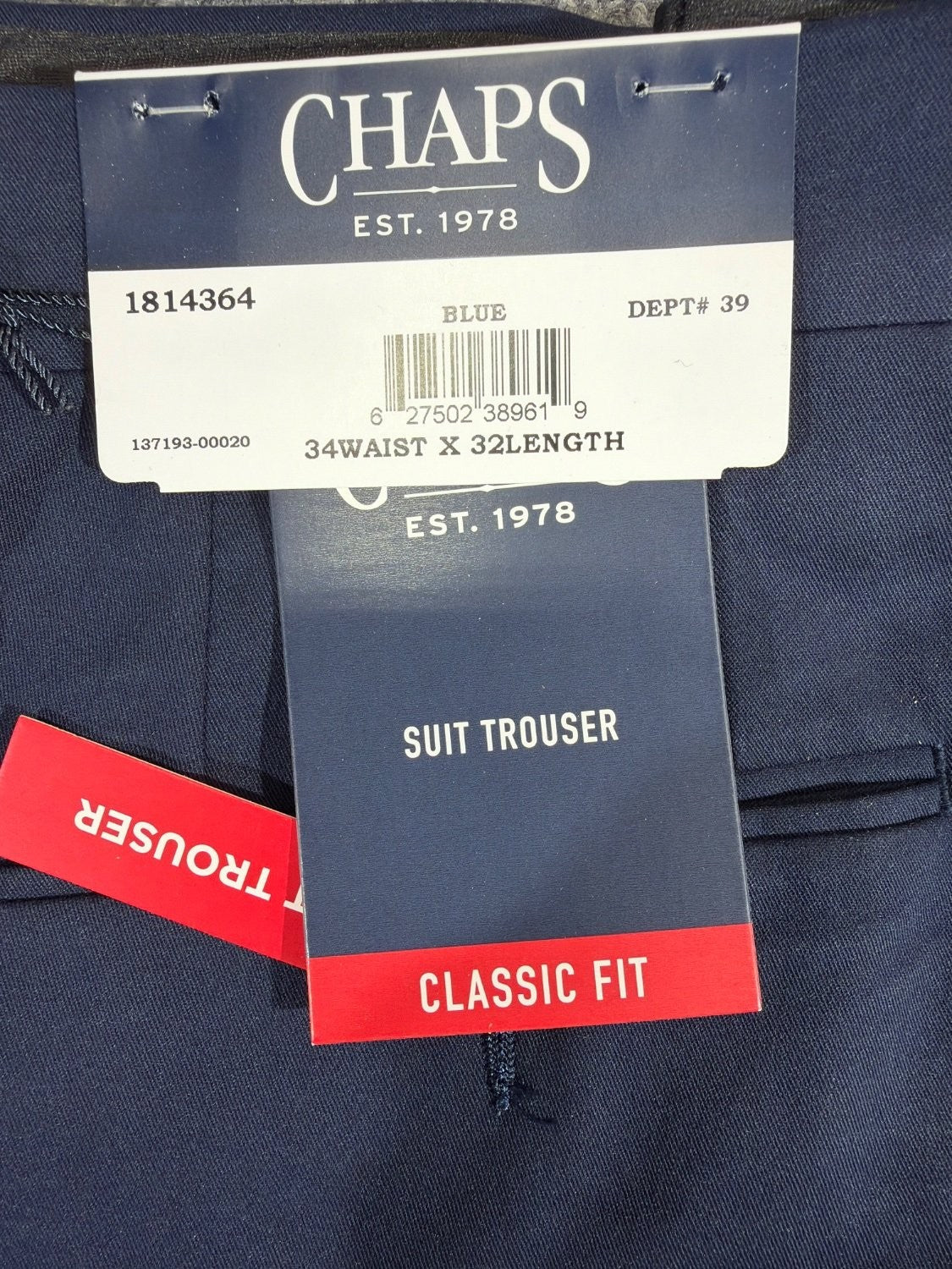 EU 34 Chaps Men's Classic Fit Suit Trousers 34x32 Navy Blue Flat Front Dress