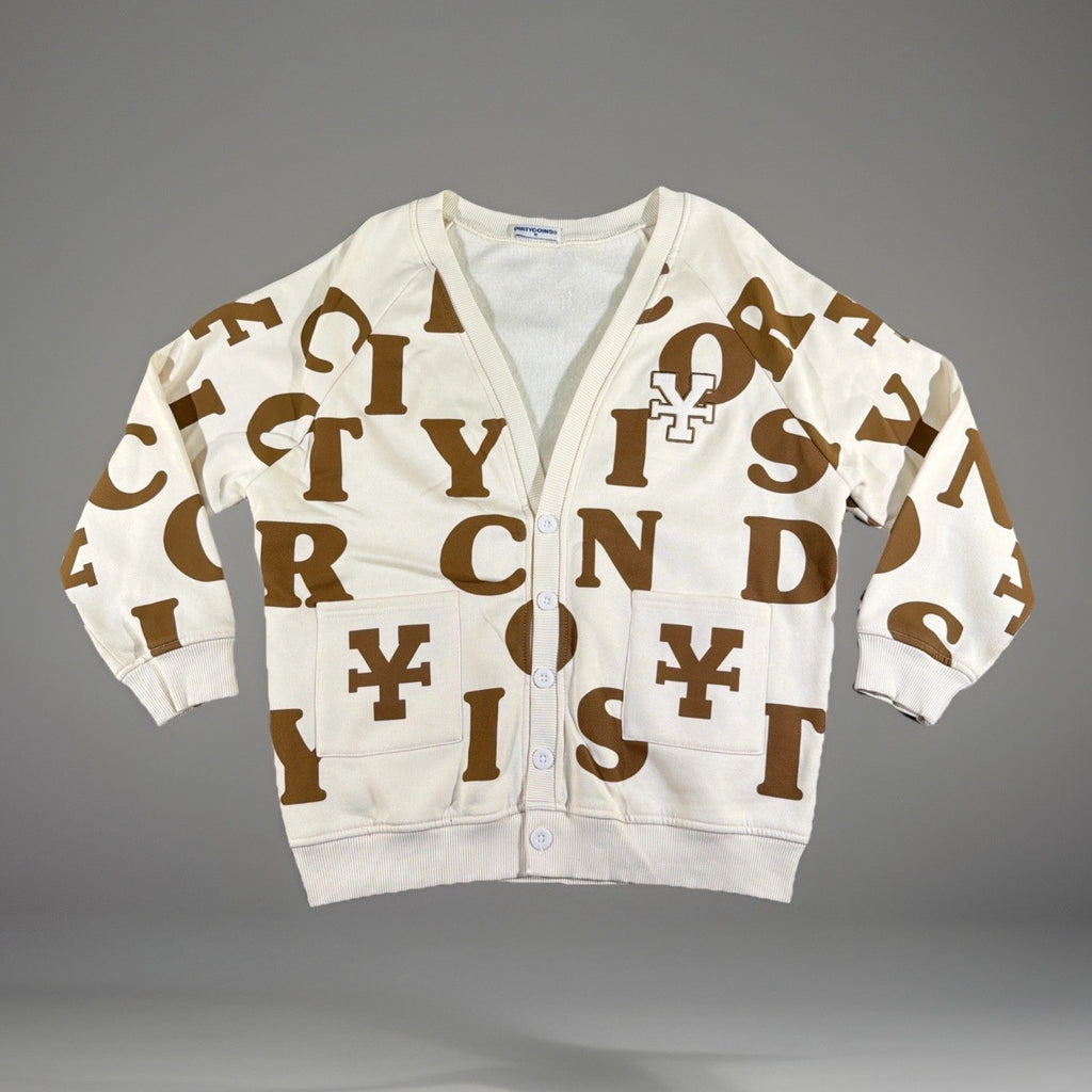 DirtyCoins brand cardigan featuring a distinctive all-over letter pattern