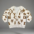 DirtyCoins brand cardigan featuring a distinctive all-over letter pattern
