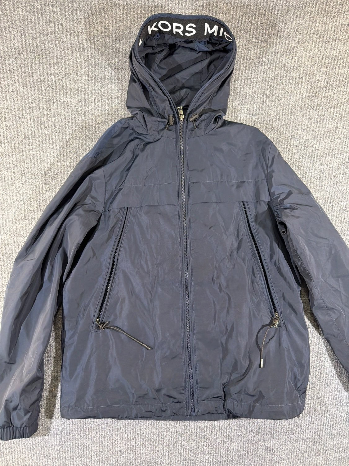 Michael Kors Logo Tape Hooded Windbreaker Jacket Navy Blue Women's Size XS Full