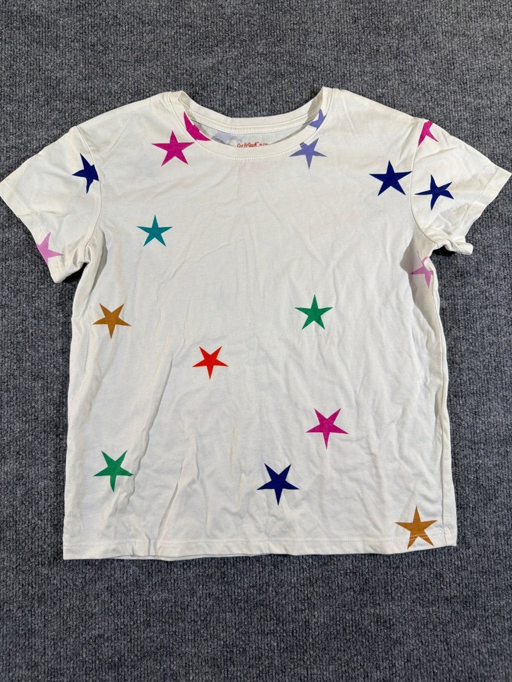 Cat & Jack Girls XL 14/16 T-Shirt White Multicolor Star Print Short Sleeve Tee