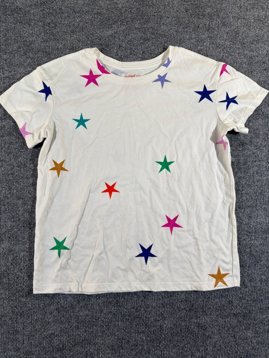 Cat & Jack Girls XL 14/16 T-Shirt White Multicolor Star Print Short Sleeve Tee