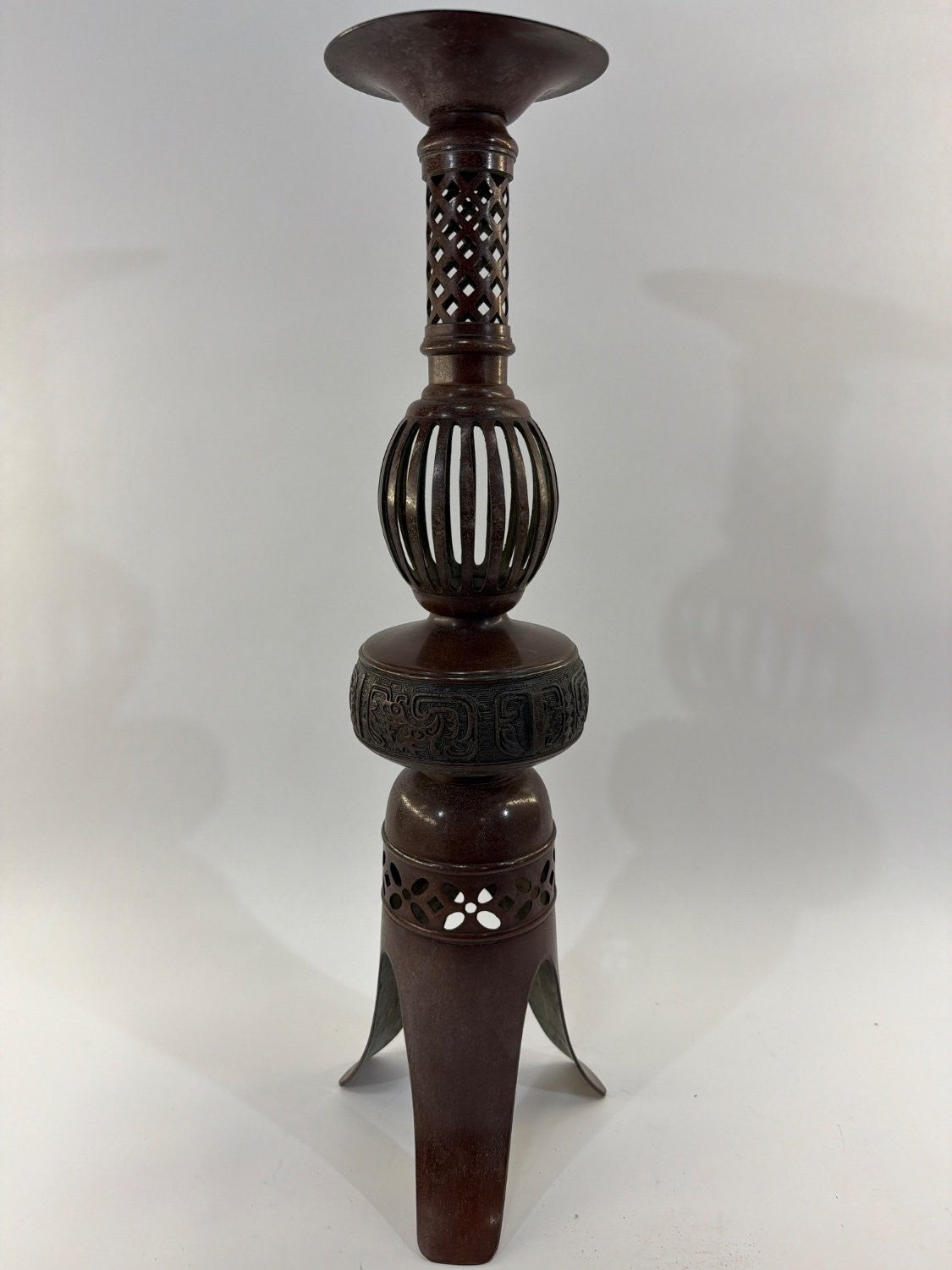 Vintage Japanese Bronze Candlestick Holder Meiji Style Reticulated Tripod Base