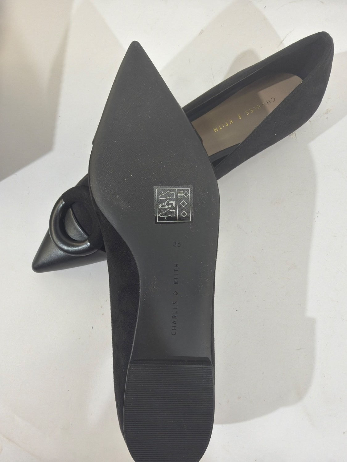 Charles & Keith CK1-70580135 Black Suede Pointed Toe Buckle Flats EU 35 US 5