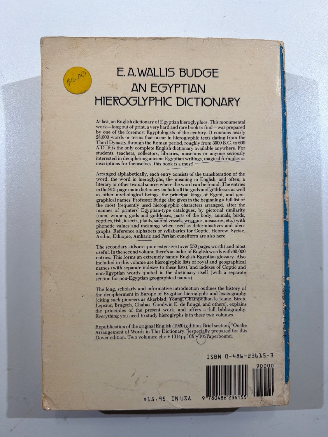 Vintage An Egyptian Hieroglyphic Dictionary E. A. Wallis Budge Vol 1 Dover