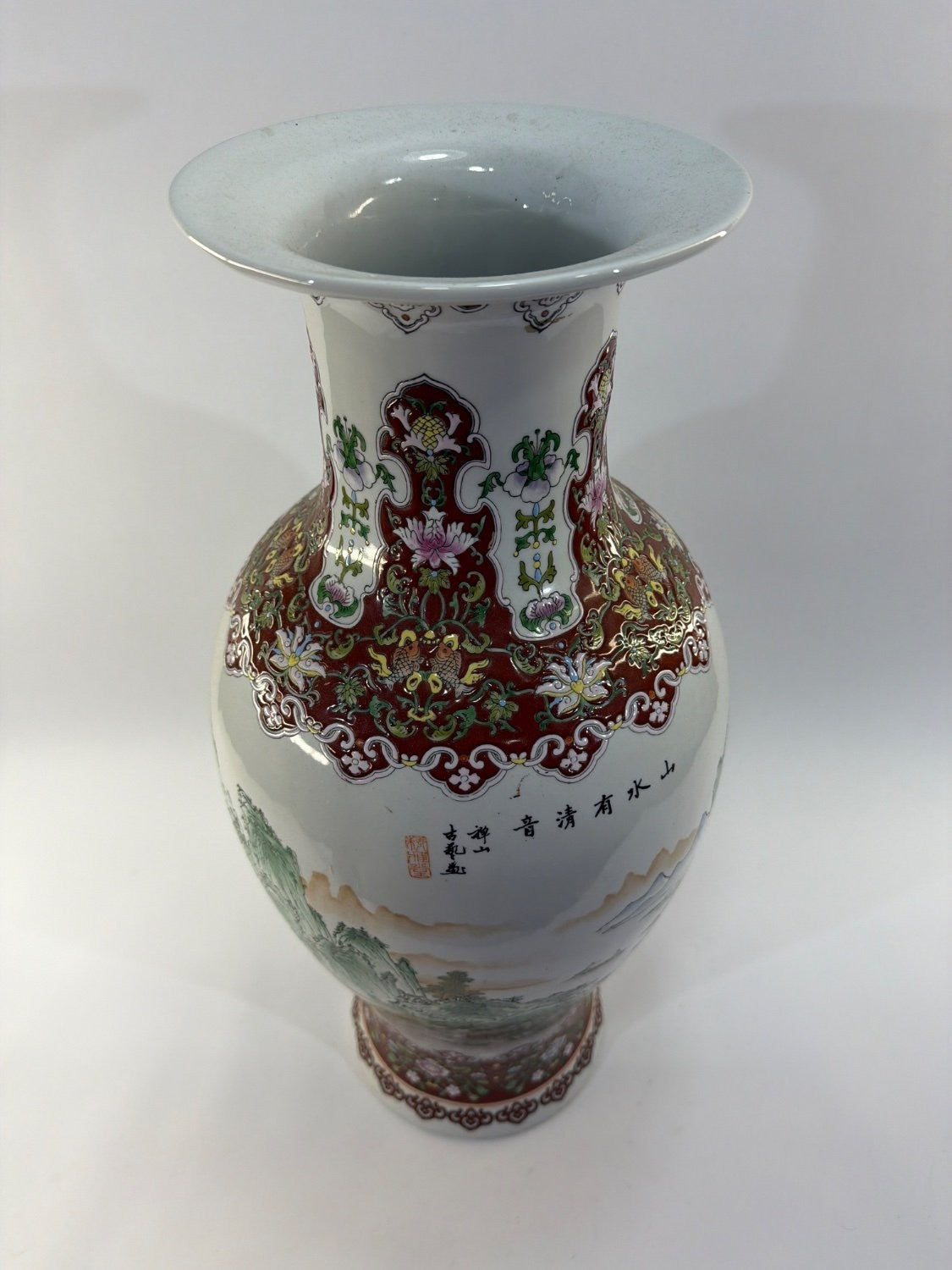 Vintage Jingdezhen Chinese Famille Rose Porcelain Vase Shanshui Landscape Large