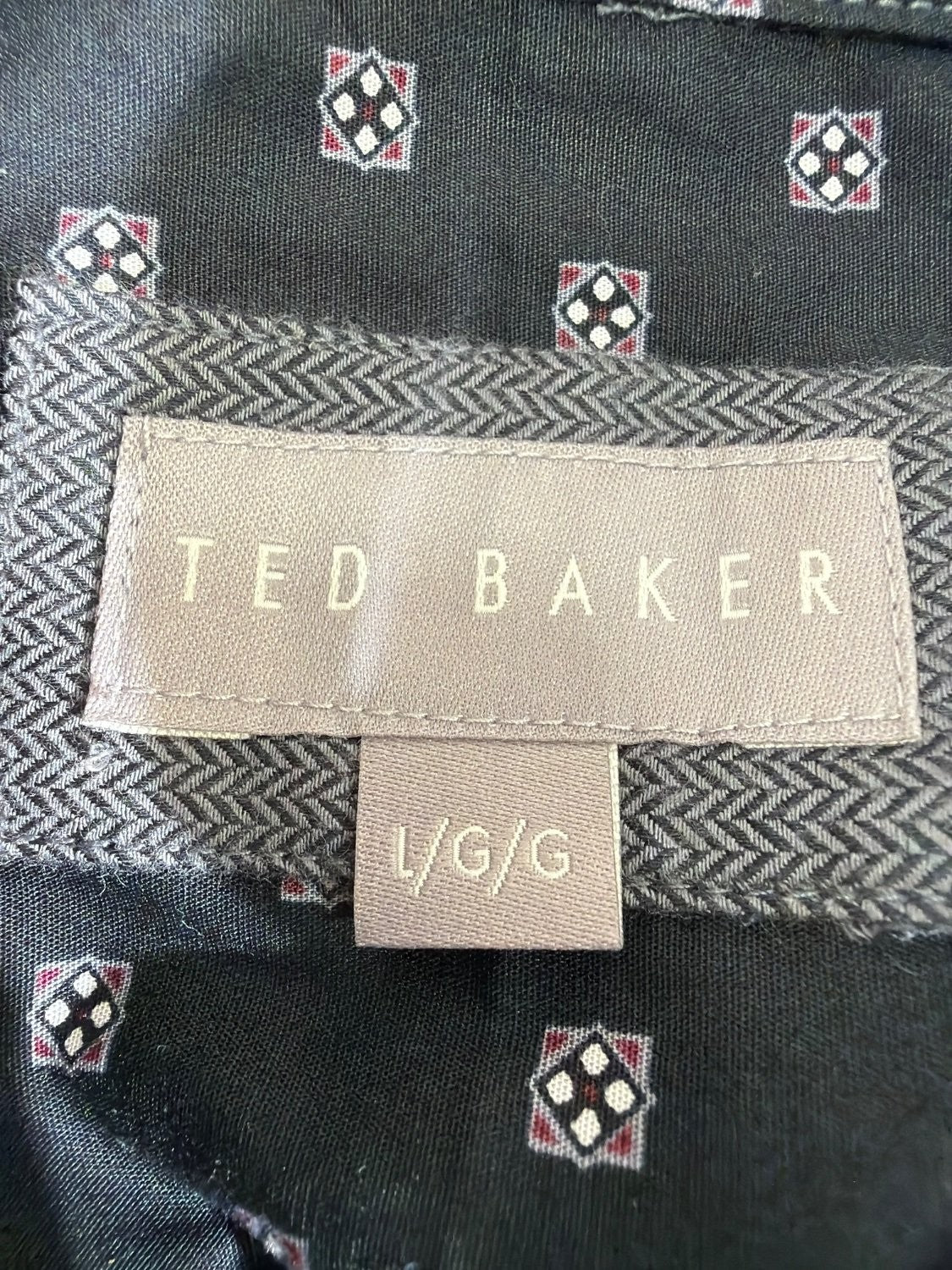 Ted Baker Men's Button Up Shirt L Black Herringbone Geometric Diamond Print NWT