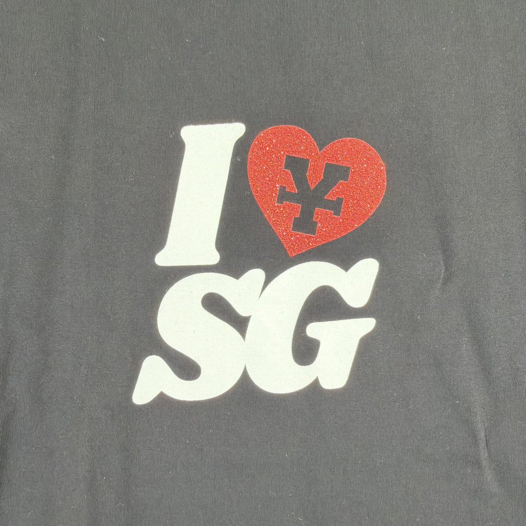 I Love SG" t-shirt featuring a red rhinestone heart with a black symbol inside