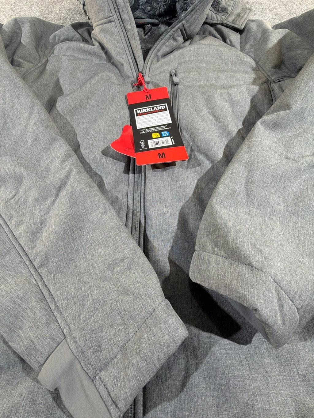 Kirkland Signature Men Softshell Jacket Gray Heather M Fleece Lined Hooded NWT