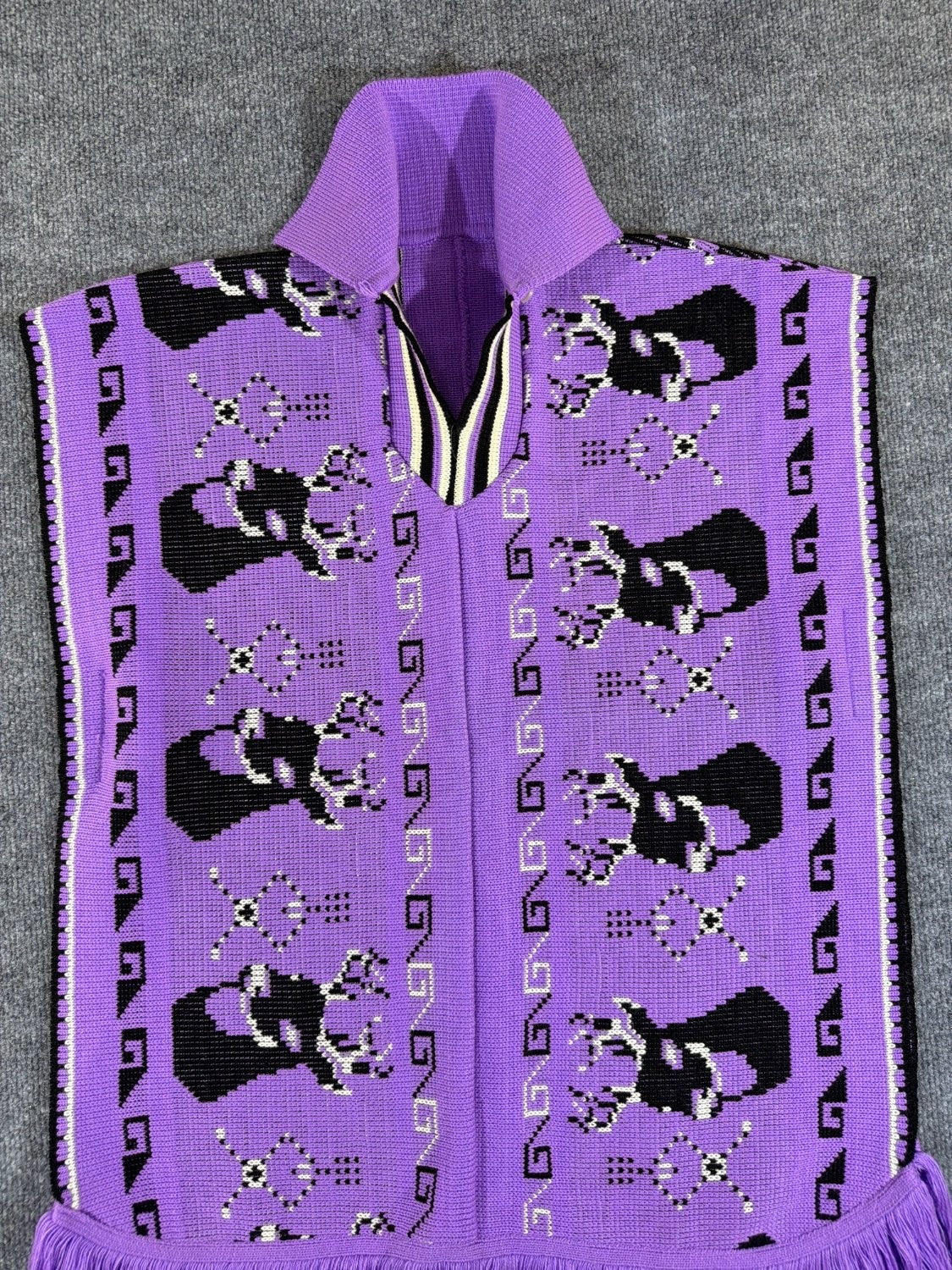 Vintage 1970s Knit Deer Poncho Purple Acrylic Fringe Stag Intarsia Cape One Size
