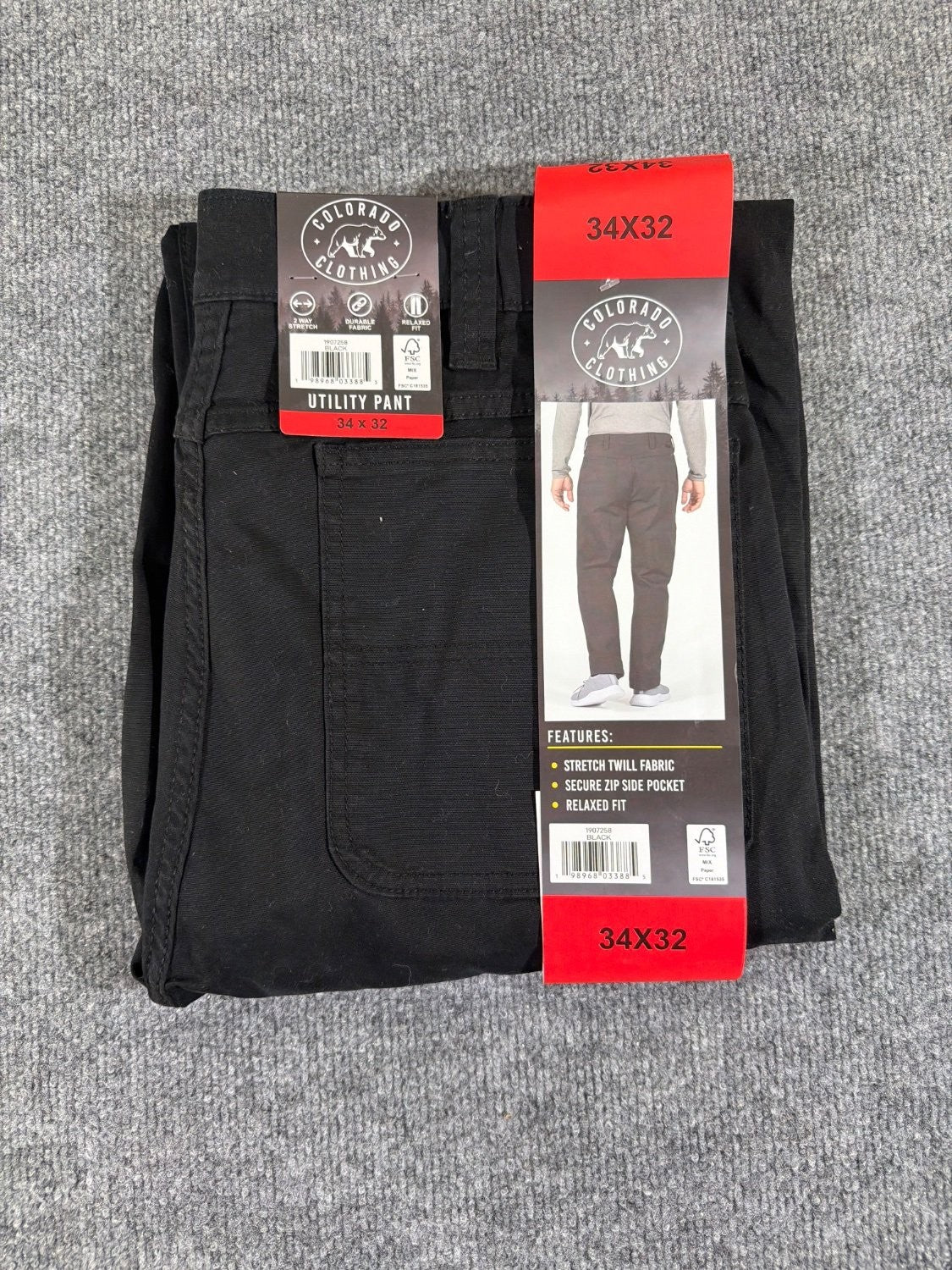 Colorado Clothing Men's Utility Pant 34x32 Black Relaxed Fit Stretch Cotton