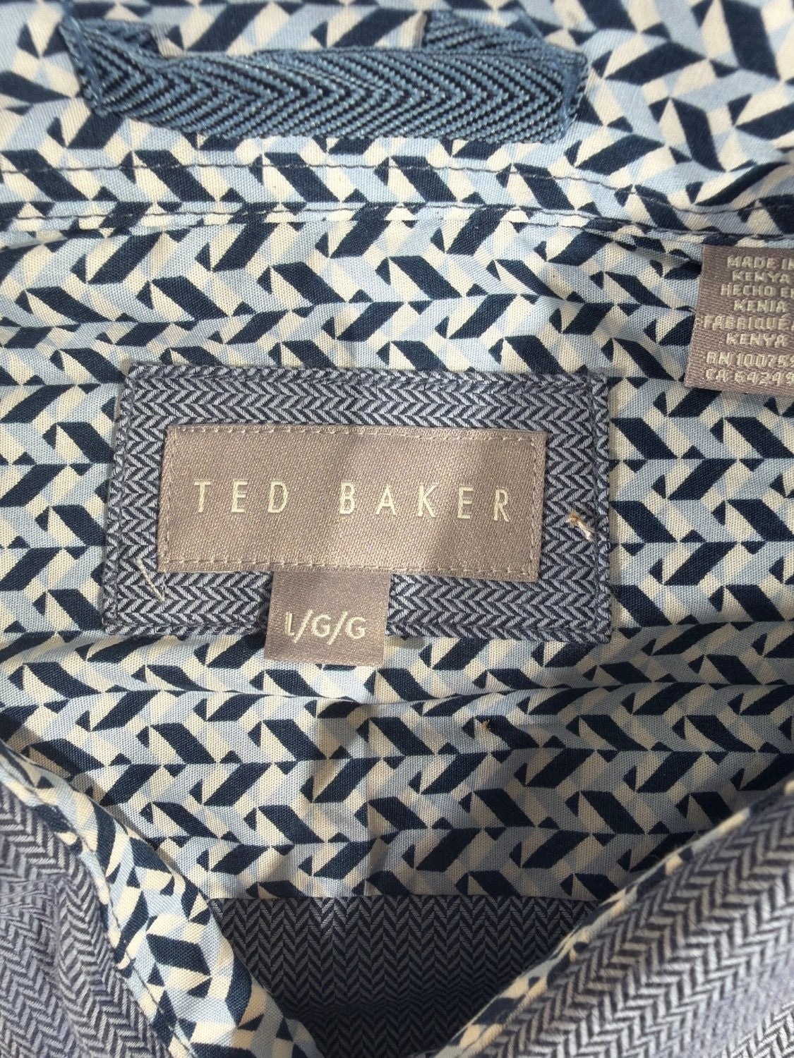 Ted Baker Men's L Blue Herringbone Geometric Print Long Sleeve Button Down Shirt