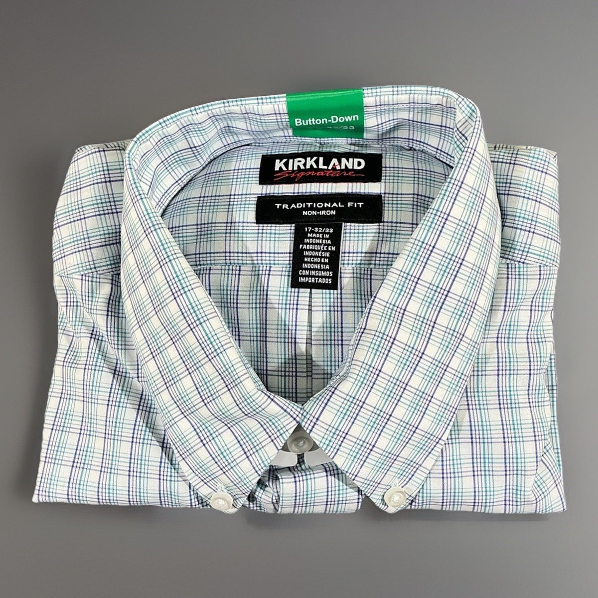 Kirkland Signature Mens Non Iron Blue Plaid Dress Shirt 17x32x33 Fashion Design
