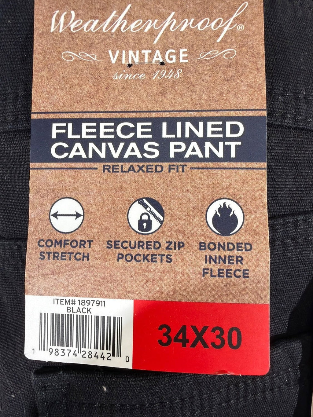 Weatherproof Vintage Men's Fleece Lined Canvas Utility Pants 34x30 Black