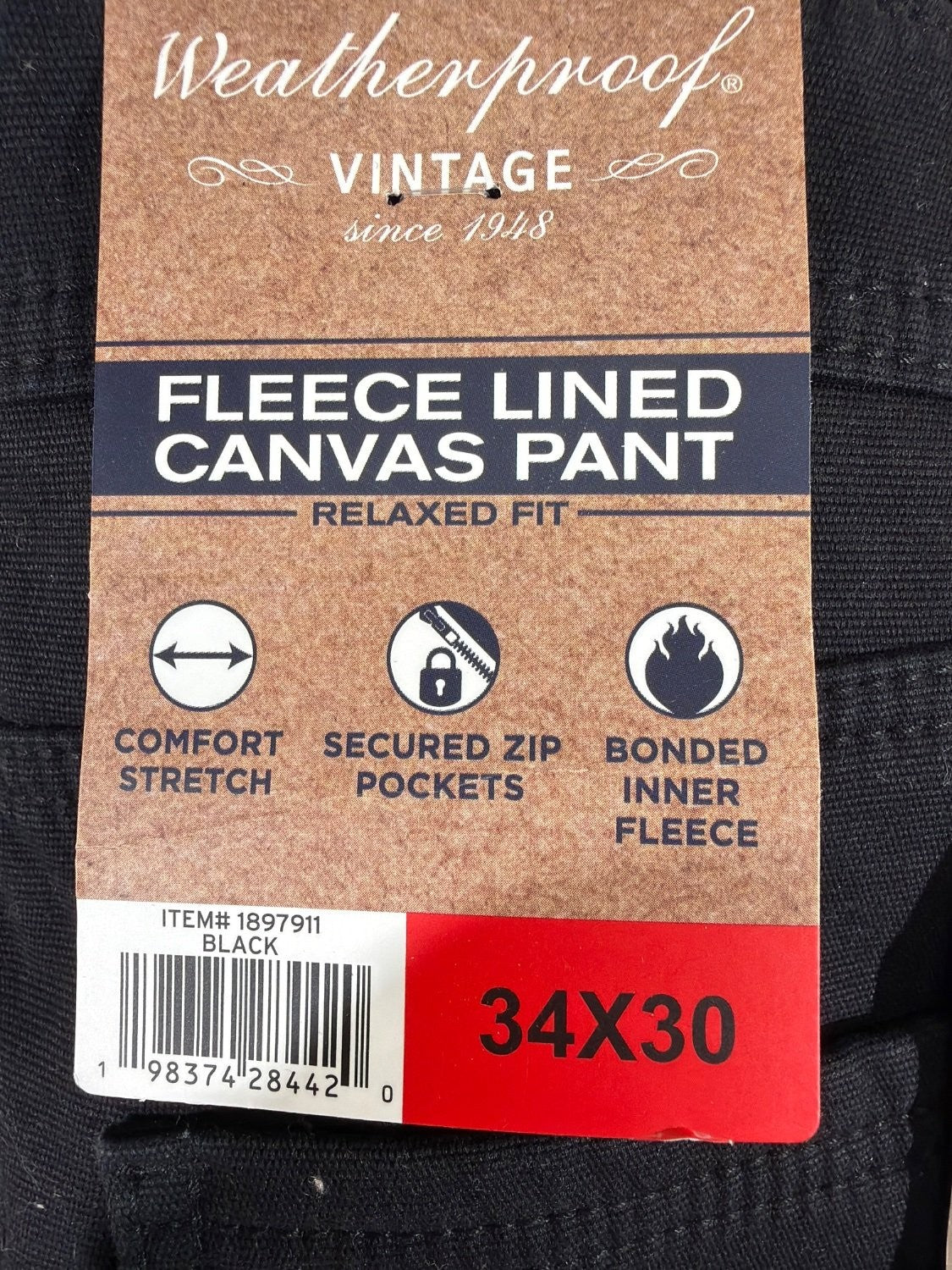 Weatherproof Vintage Men's Fleece Lined Canvas Utility Pants 34x30 Black
