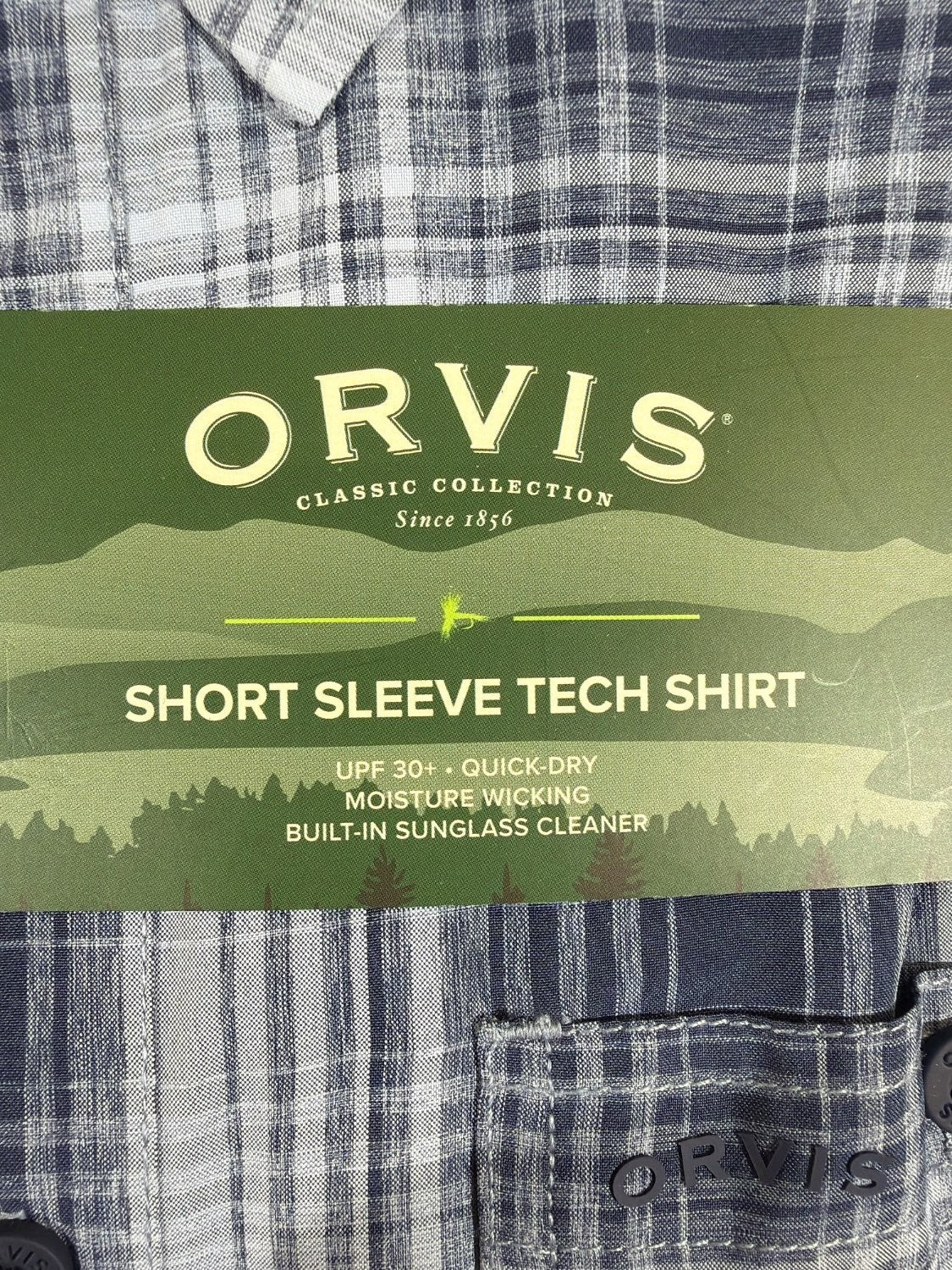 Orvis Classic Collection Tech Shirt Men Small Blue Plaid Short Sleeve 1875212