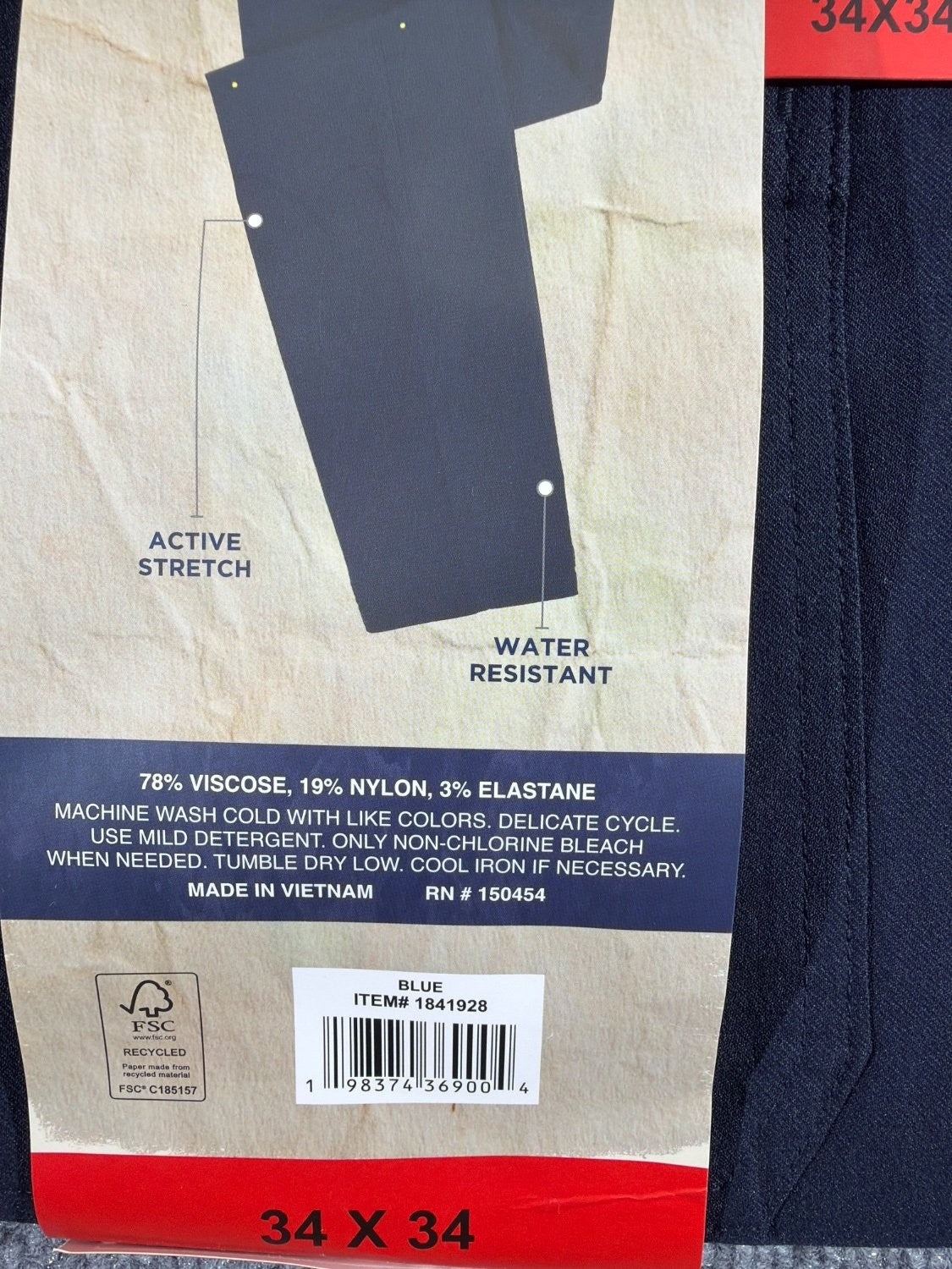 EU 34 Weatherproof Vintage Tech Pant Men 34x34 Straight Fit Active Stretch Navy