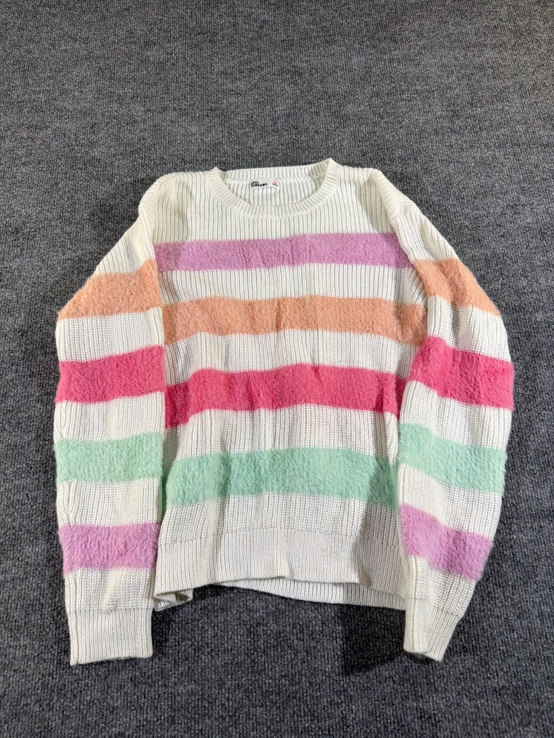 Epic Threads Girls XL Rainbow Striped Fuzzy Eyelash Knit Sweater Pastel Pullover