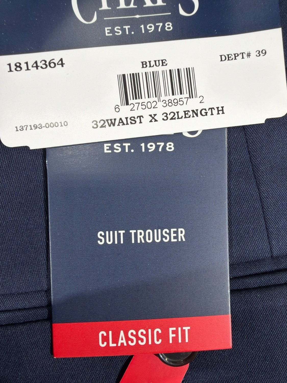 Chaps Men's Classic Fit Suit Trouser Dress Pants 32x32 Blue Flat Front NWT