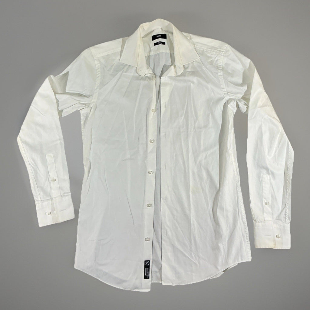 Hugo Boss Slim Fit White Cotton Dress Shirt 37 Spread Collar Easy Iron Designer