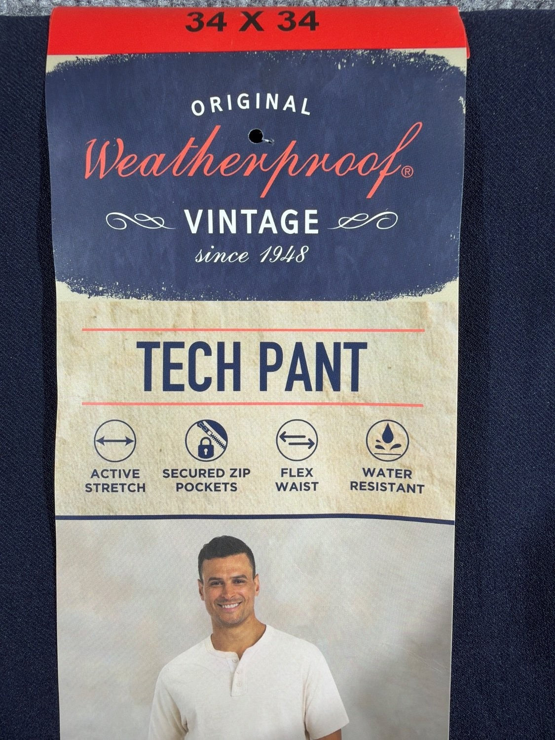 EU 34 Weatherproof Vintage Tech Pant Men 34x34 Straight Fit Active Stretch Navy