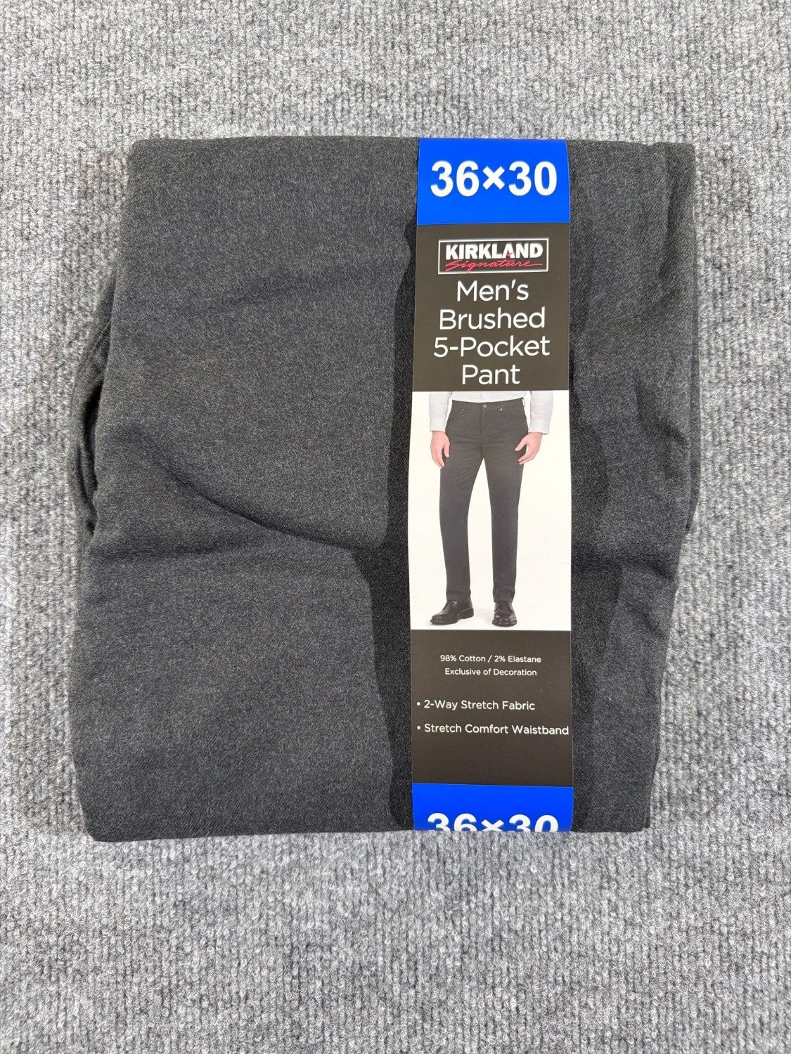 US 3 Kirkland Signature Men's Brushed 5-Pocket Pant 36x30 Dark Gray Stretch