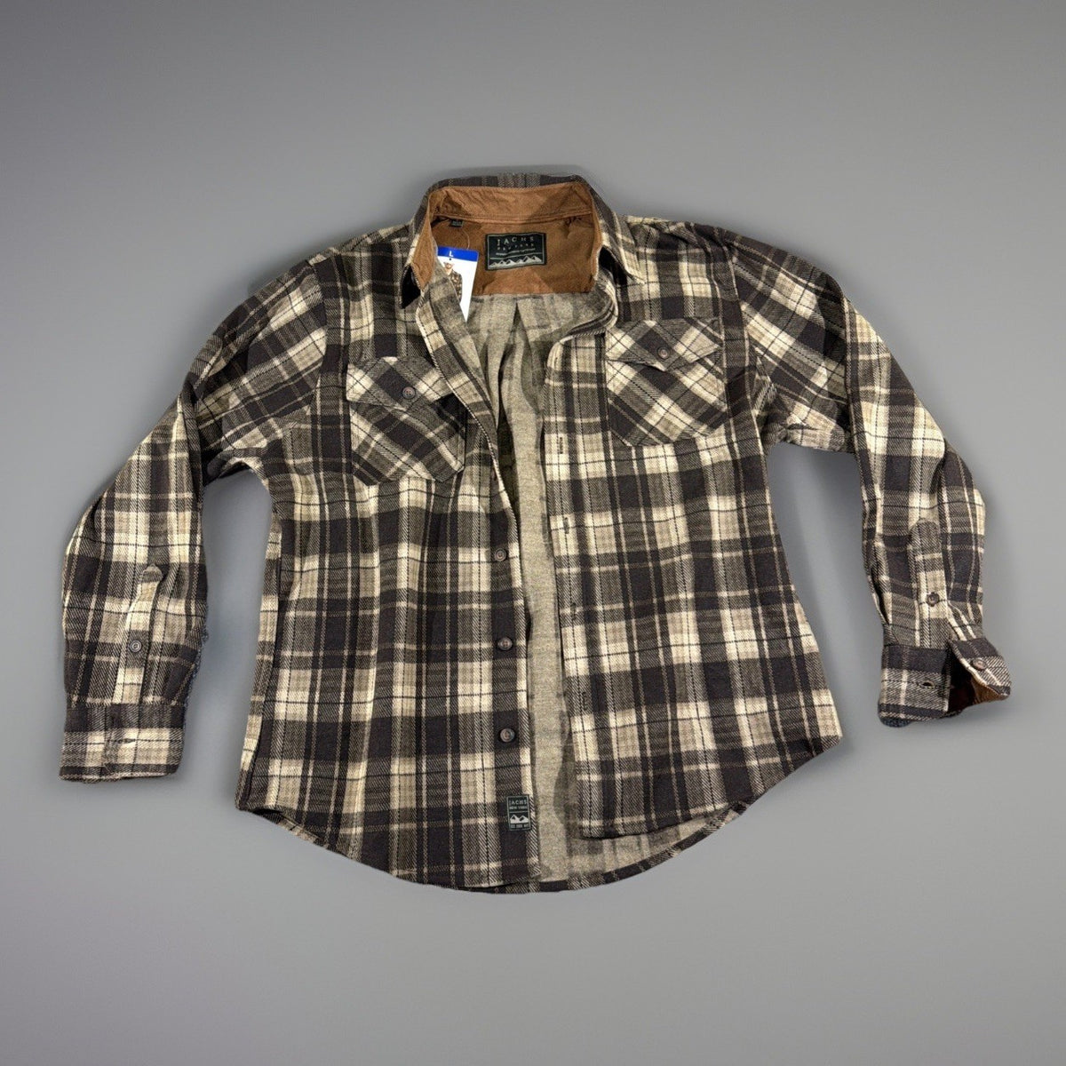 Jachs NY Mens Brown Plaid Flannel Shirt Jacket Corduroy Trim Prem Outdoor size L
