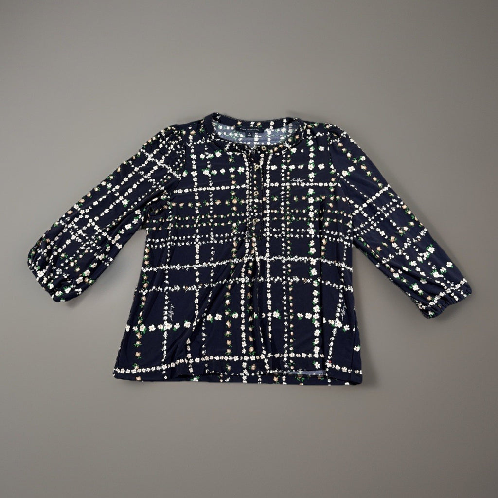 Tommy Hilfiger blouse features a dark blue base with a white plaid pattern