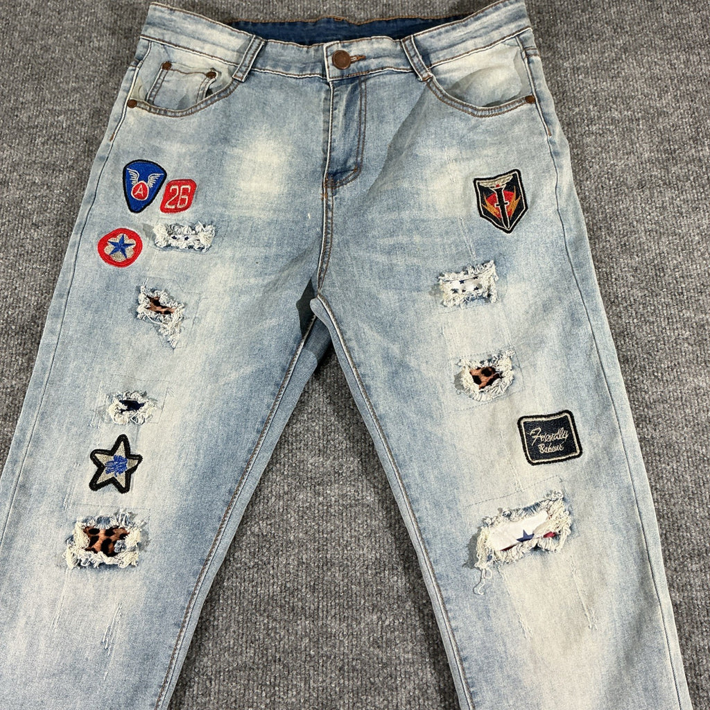 AL-WESAM Patchwork Jeans Mens Size M  Stretchy Light Wash Denim Fashion Designer
