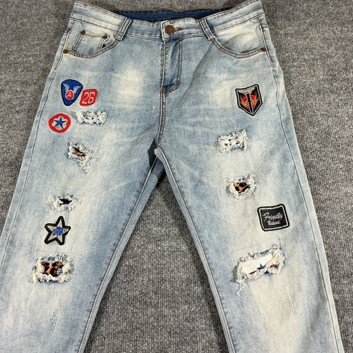 AL-WESAM Patchwork Jeans Mens Size M  Stretchy Light Wash Denim Fashion Designer
