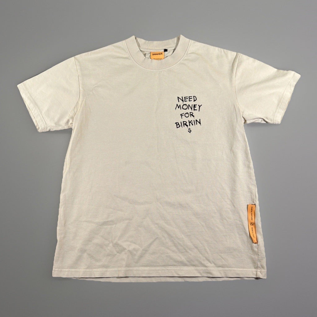SMAKER cream-colored t-shirt features the graphics NEED MONEY FOR BIRKIN - Fashi