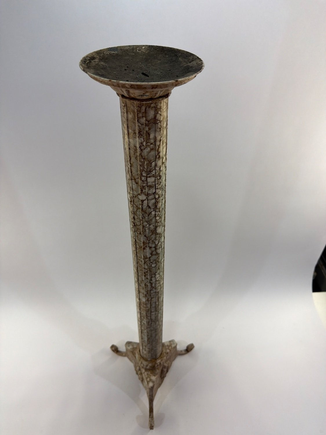Vintage Neoclassical Pedestal Plant Stand Fluted Marble Column Cast Iron Tripod