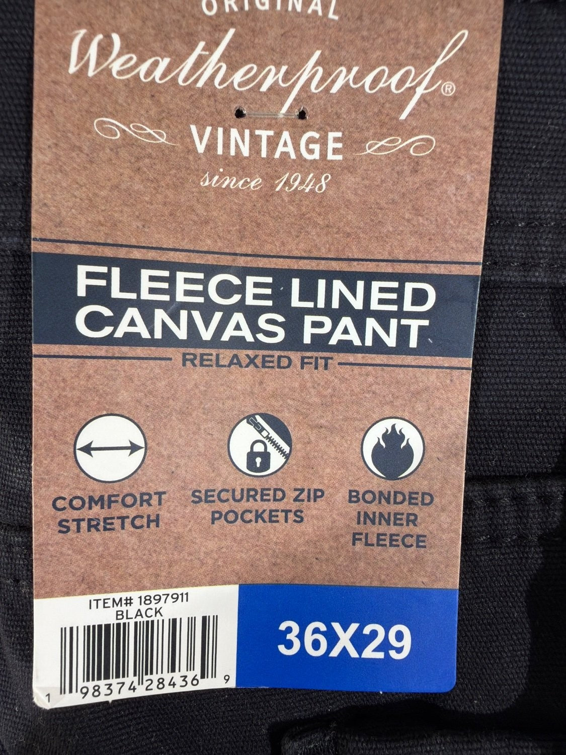 Weatherproof Vintage Men's Fleece Lined Utility Pant Canvas Relaxed Fit Black