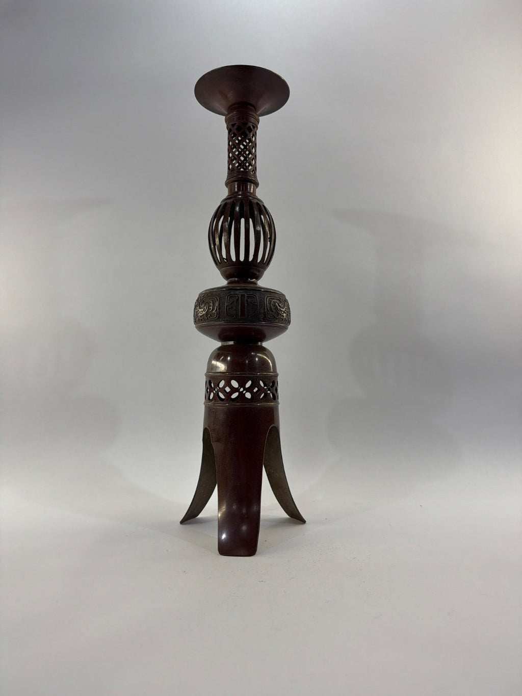Vintage Japanese Bronze Pricket Candlestick Meiji Style Openwork Tripod Base