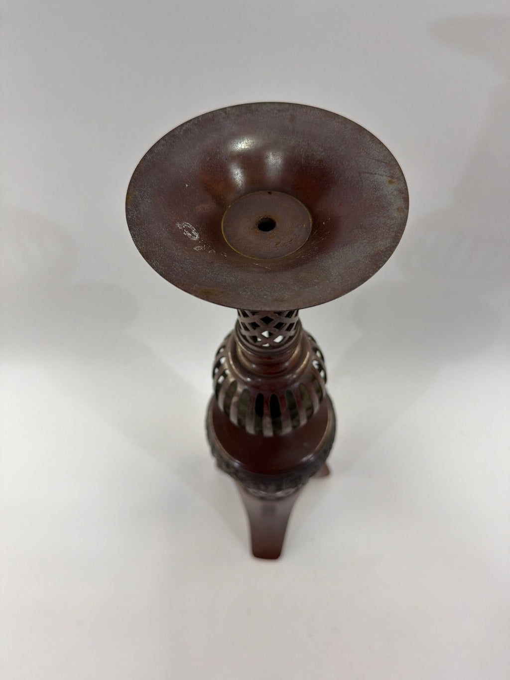Vintage Japanese Bronze Candlestick Holder Meiji Style Reticulated Tripod Base