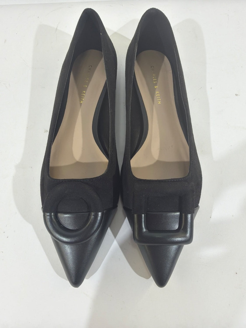 Charles & Keith CK1-70580135 Black Suede Pointed Toe Buckle Flats EU 35 US 5