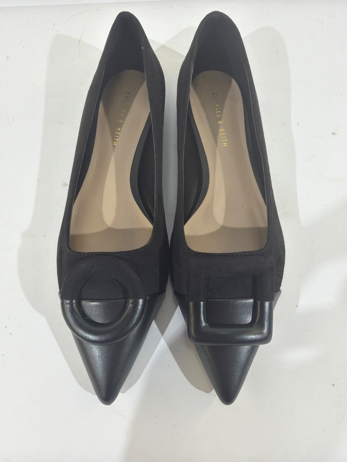Charles & Keith CK1-70580135 Black Suede Pointed Toe Buckle Flats EU 35 US 5